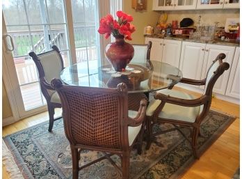 Pelican Reef Wicker & Wood Glass Top Pedestal Base Dining Set With Four Upholstered Chairs