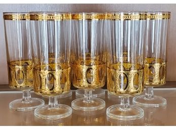 Eight Beautiful Vintage Mid Century Footed Gold Leaf Glasses