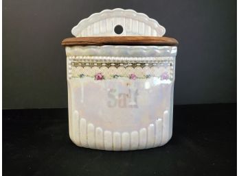 Single Antique  2895 Lusterware Floral Painted Porcelain Salt Box With Wood Lid