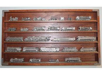 Vintage Collection Of Pewter Trains In Display Case