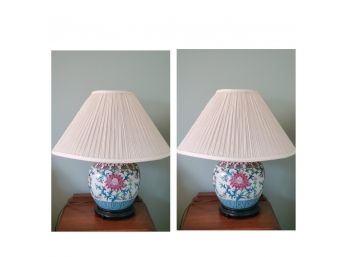 Pair Of Floral Painted Ginger Jar Porcelain Table Lamps