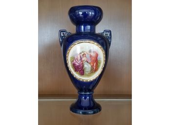 Vintage Czechoslovakian Cobalt Blue Hand Painted Urn Style Flower Vase