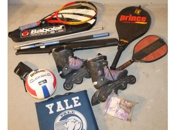 Sporting Goods Lot With Babolat, Prince & Wilson Rackets, Halex Cue Stick, Women's K2 Skates & More