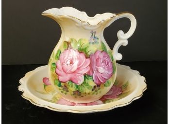 Lovely Vintage Lefton Heritage Rose Floral Painted Porcelain Small Wash Basin & Pitcher