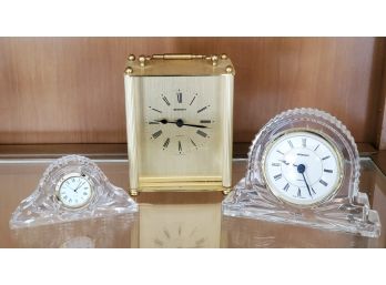 Three Staeger Small Clocks, Brass & Two Crystal Clocks