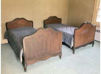 A Pair Of Antique French Caned Twin Bedsteads, C. 1920's