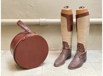 A Pair Of Vintage Riding Boots And Leather Hat Case