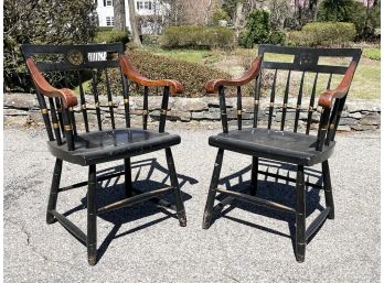 A Pair Of Vintage Harvard University Chairs, Mid Century, Bearing The 'Veritas' Motto