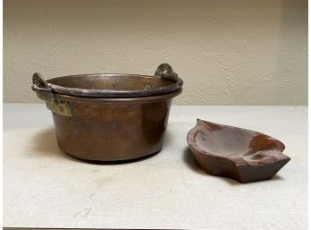 An Antique Copper Pot And Wood Vessel