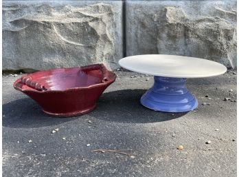 Set Of 2 - Red Ceramic Decorative Bowl And Food-safe Modern Cake Stand SS