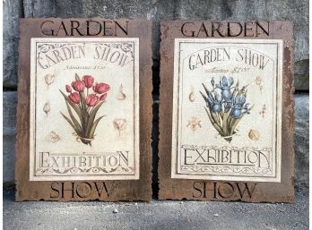 Set Of 2 - Iron Garden Show Exhibition Metal Signs With Blue Orchids Or Red Tulips (Lot A) SS