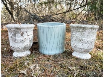 3 Planters - 1 Crackle Celadon Calligraphy Brush Pot And 2 Aged Cream Planters SS