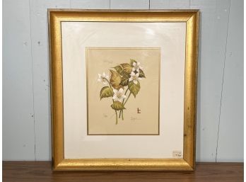 Artist Signed Lyndi Lende  White Violet Botanical Art With Double Mat And Gold Frame FL