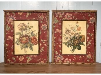 Set Of 2 - Natural Twig Framed Artworks With Botanical Designs And Red Floral Matte FL