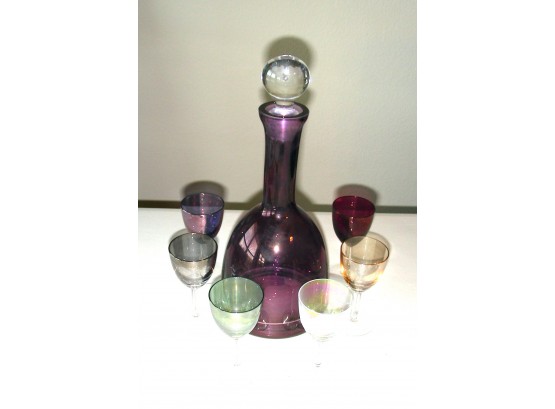 Decanter Set With Stopper, Polished Pontil, And 6 Iridescent Stems