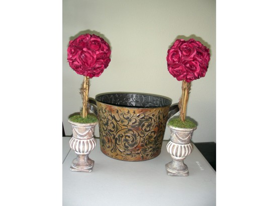 Decorative Items: Pair Of Silk Roses In Resin Planters And Metal Tub