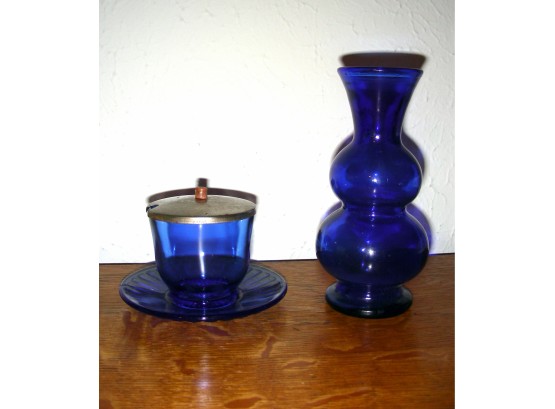 Vintage Cobalt Blue Lot: Condiment Cup With Attached Saucer And Lid, Plus Double Hour Glass Vase