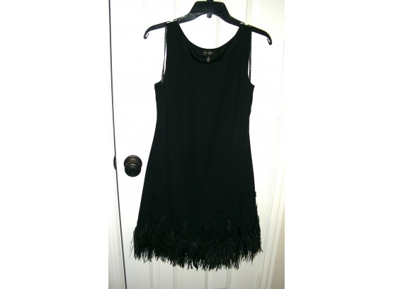 Jessica Simpson Little Black Dress, Size 8, With Feather Fringe And Applied Black Flowers