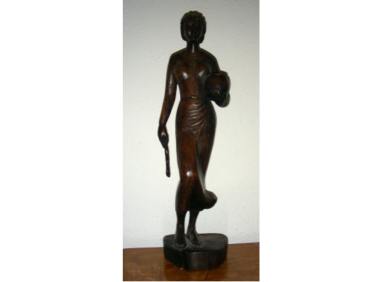 Vintage Hand Carved Wooden Sculpture Of Woman Holding A Bowl
