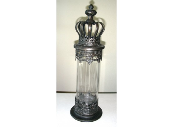 Candle Holder With Metal Base And Top, Ribbed Glass