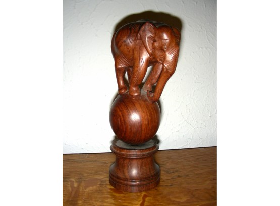 Vintage Hand Carved Wooden Elephant Statue Balancing On A Ball