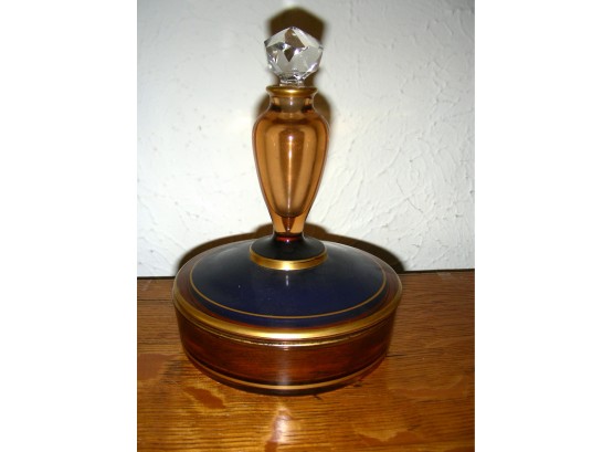 Fostoria Glass Powder Box With Attached Perfume Bottle And Faceted Stopper