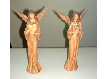 Two Resin Angels, One With Heart, One With Star