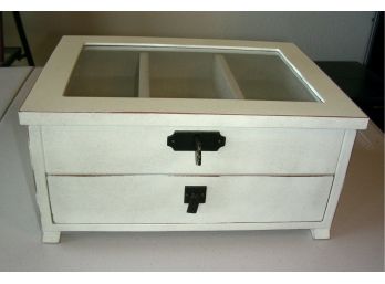 Rustic Ivory-colored Jewelry Box With Key, Lower Drawer, Glass Top