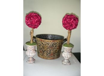 Decorative Items: Pair Of Silk Roses In Resin Planters And Metal Tub