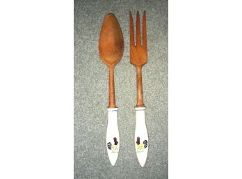 Vintage Salad Serving Set, With Chickens On The Ceramic Handles
