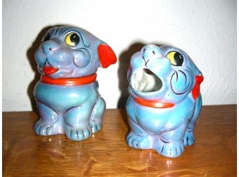 Vintage Lusterware Iridescent Blue Puppy Dog Sugar And Creamer Set, Made In Japan