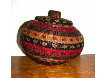 Hand Woven Beaded Balinese Grass Basket With Lid