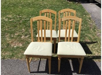 Set Of 4 Blonde Wood Finish Chairs With Fabric Seats