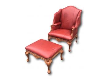 Paid $4,530, Stunning Leather Wing Chair & Ottoman By Pearson With Carved Beechwood Frame And Brass Nail Trim
