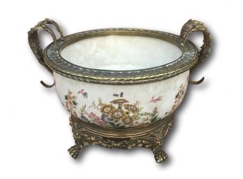 Paid $190, Large Chinese Style Ceramic Cachepot With Brass Handles And Trim, On Brass Base