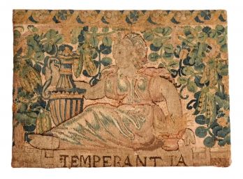 Antique Framed 1760's Fragment Of A Tapestry With The Word Temperant IA
