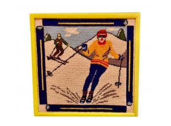 Framed Needlepoint Artwork Scene Of Two People Skiing