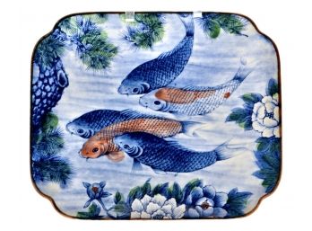 Signed Japanese Koi Fish Platter With Pine And Lotus Flower Accents