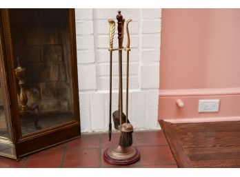 Vintage Brass Three Piece Fireplace Tool Set With Feather Handles And Stand