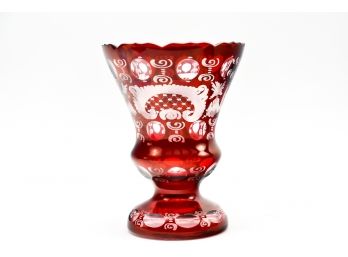 Vintage Hungarian Bohemian Crystal Cut To Clear Thumbprint Cranberry Art Glass Vase