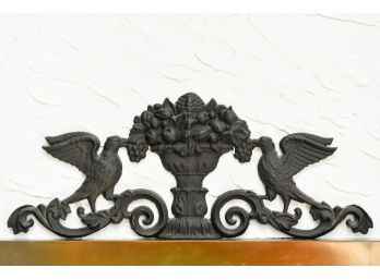 Antique Cast Iron Garden Wall Plaque Depicting An Urn With Fruit And Doves