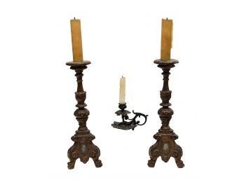 Vintage Cast Iron Filagree Candle Holder And A Pair Of Antique Candle Holders