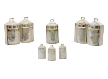 Set Of Eight Antique German Lusterware Iridescent Canisters