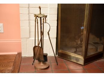 Vintage Brass Four Piece Fireplace Tool Set With Stand
