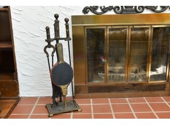Vintage Hammered Brass Four Piece Fireplace Tool Set With Stand And Bellow