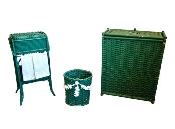 Three Pieces Of Vintage Wicker: Hamper, Waste Basket And Standing Towel Rack (Paint Project)