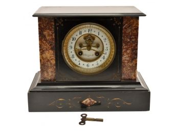 Antique French Le Boutillier & Co. Paris Slate And Marble Mantel Clock With Original Key