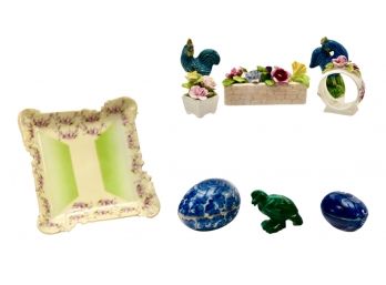 Vintage Malachite Figurine, English Bone China Floral Figurines & Imperial Austrian Candy Dish