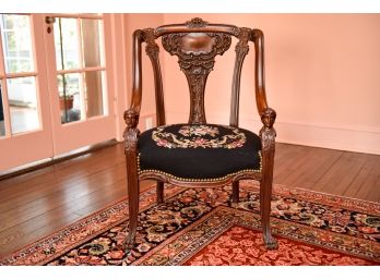 Antique Carved Wood Ladies Sitting Chair With Needlepoint Upholstery