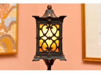 Vintage Wrought Iron Floor Stained Glass Lamp